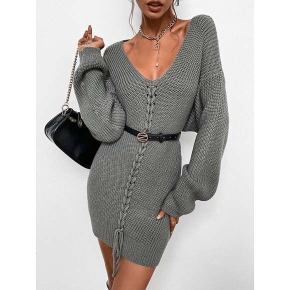 🐑 GREY BRAIDED KNIT V NECK SWEATER DRESS! - Picture 5 of 12